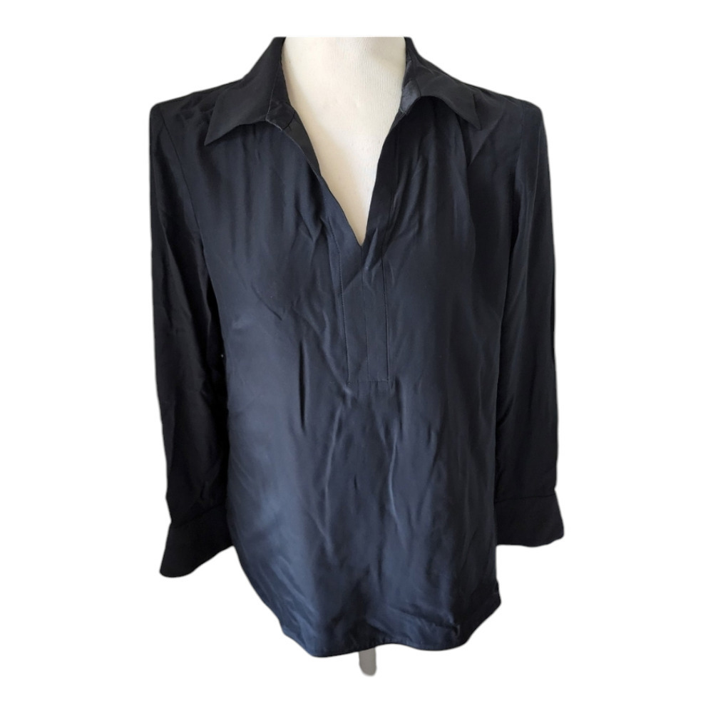 Lafayette 148 small black Silk Blouse Top V neck Collar